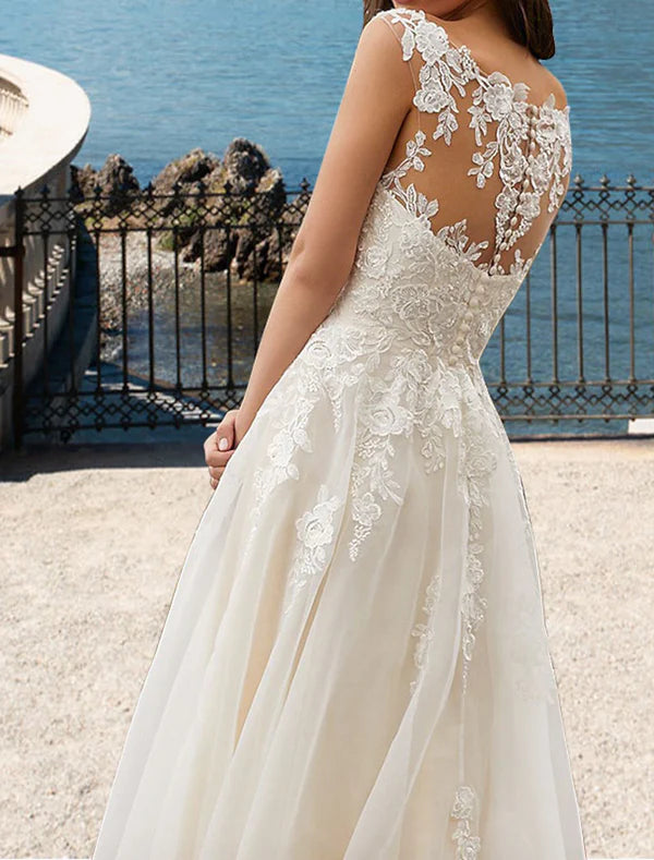 Luolandi Beach Open Back Wedding Dresses A-Line V Neck Sleeveless Court Train Lace Bridal Gowns With Appliques Beautiful