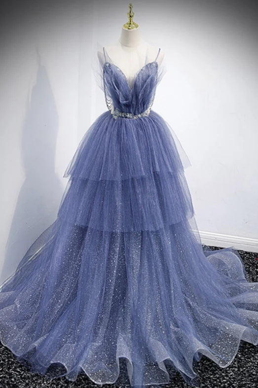 Luolandi Elegant Party Dress Stunning Ballgown Ruffled Tulle Long Prom Dress with Train Sparkly
