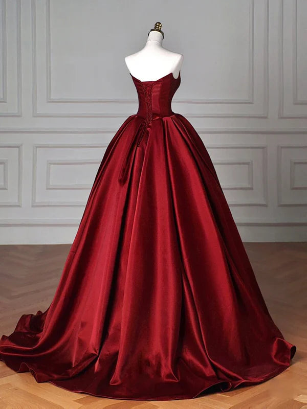 Luolandi Simple Satin Burgundy Strapless Floor-length Prom Dress Ballgown Off Shoulder Evening Dress