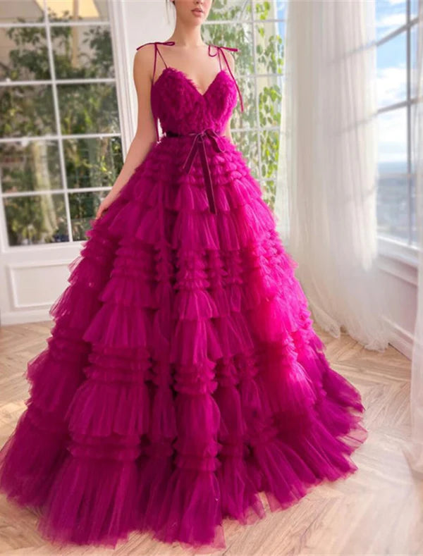 Luolandi Ball Gown Evening Gown Puffy Dress Wedding Party Birthday Floor Length Sleeveless Spaghetti Strap Tulle with Ruffles Strappy Prom Dress