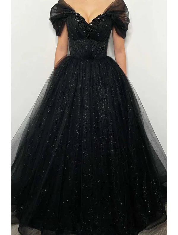 Luolandi A-Line Prom Dresses Elegant Dress Formal Floor Length Black Dress Short Sleeve Off Shoulder Tulle with Pleats Beading Sequin Evening Dress