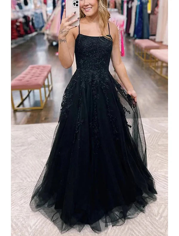 Luolandi Ball Gown Prom Dresses Princess Dress Formal Wedding Party Sweep / Brush Train Sleeveless Spaghetti Strap Tulle with Pleats Appliques Black