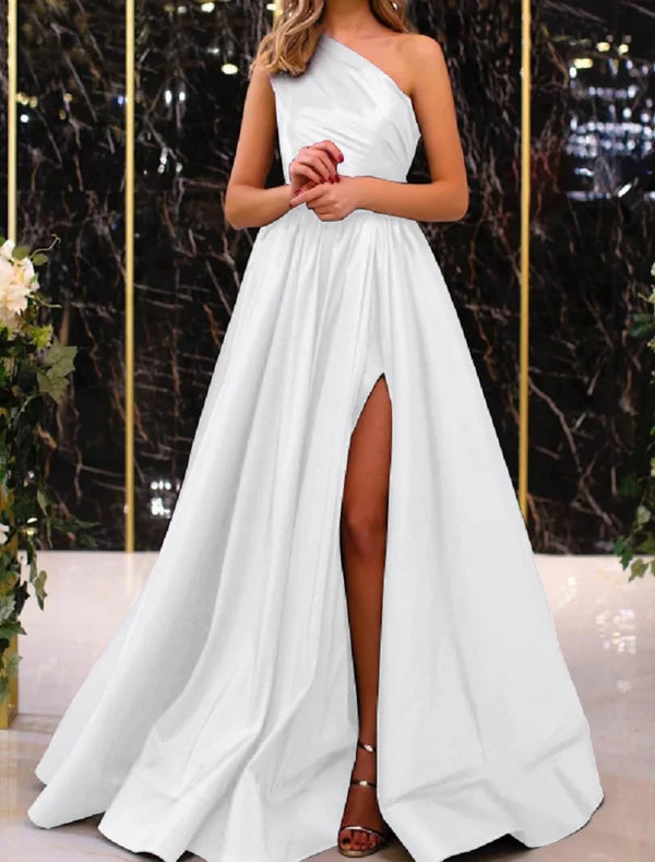 Luolandi A-Line Evening Gown Elegant Dress Wedding Guest Engagement Floor Length Sleeveless One Shoulder Satin with Pleats Slit Solid Color