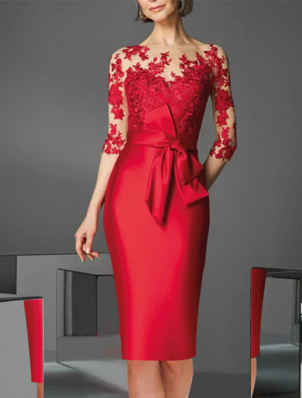 Luolandi Sheath Red Green Dress Cocktail Dresses Knee Length 3/4 Length Sleeve Off Shoulder Fall Wedding Guest Satin with Appliques Mother of the Bride Dress