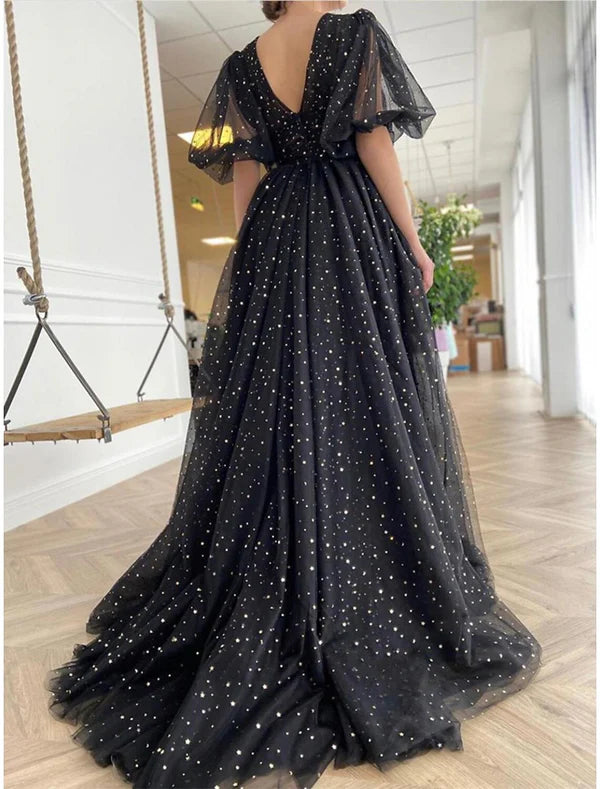 Luolandi A-Line Prom Dresses Glittering Dress Wedding Guest Prom Court Train Half Sleeve V Neck Wednesday Addams Family Tulle V Back with Bow(s) Sequin Slit Evening Dress