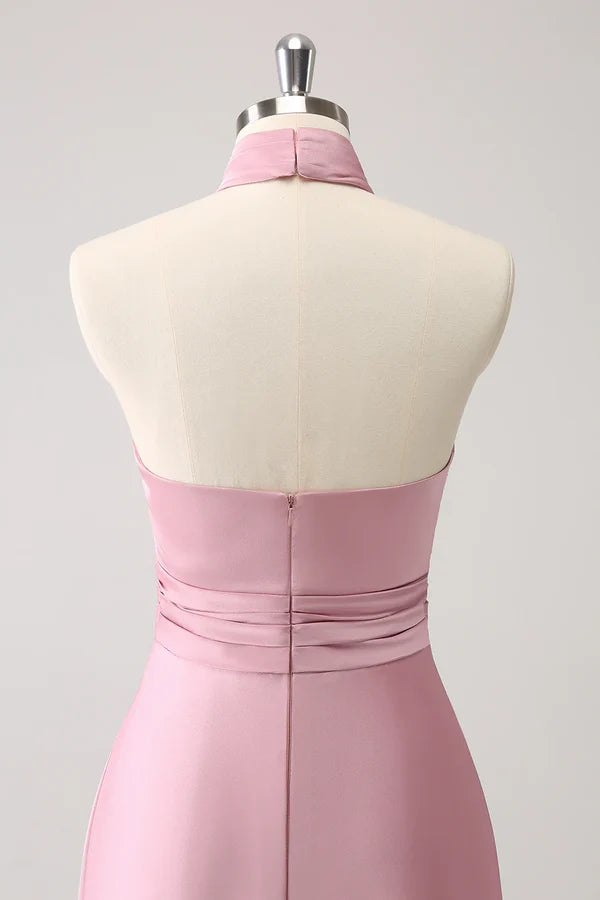 Luolandi A-Line Satin Keyhole Bridesmaid Dress Wedding Guest Party Dress with Slit And Flower