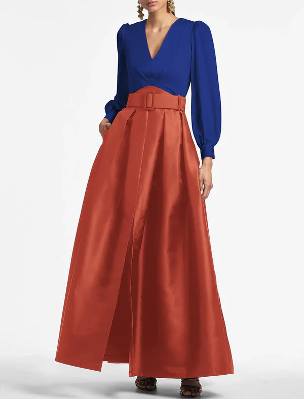 Luolandi A-Line Evening Gown Party Dress Wedding Guest Floor Length Short Sleeve V Neck Belt / Sash Satin with Pleats Fashion