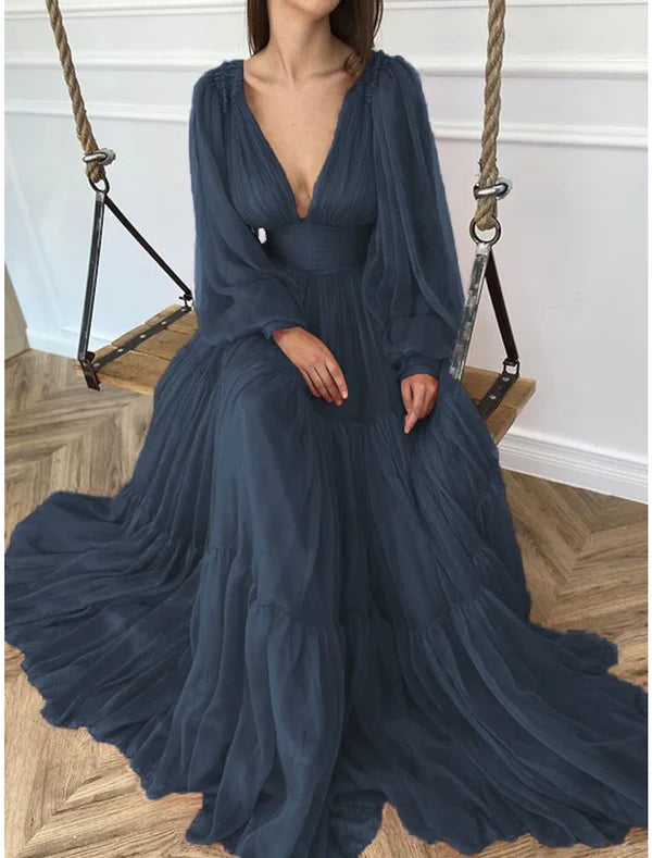 Luolandi A-Line Evening Gown Elegant Dress Red Green Dress Formal Wedding Guest Floor Length Long Sleeve V Neck Chiffon with Ruched Sexy