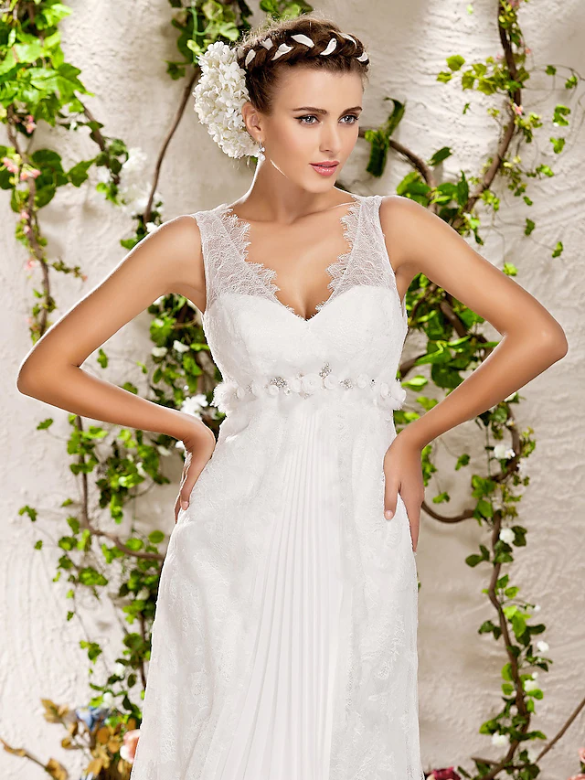 Luolandi Wedding Dresses V Neck Chapel Train Lace Sleeveless Long Pure Color