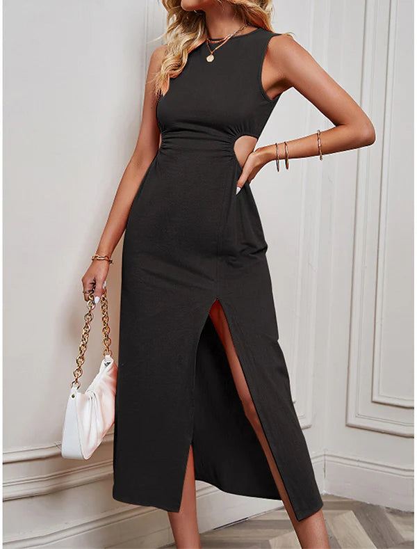 Luolandi Women's Black Dress Prom Dress Party Dress Midi Dress Black Orange Green Sleeveless Plain Split Solid Color