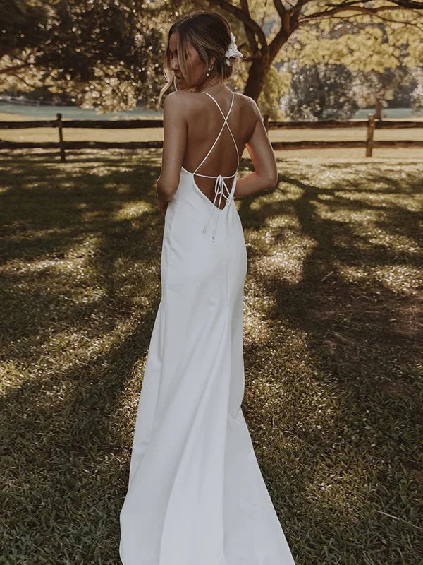 Luolandi Sheath/Column Crepe Ruffles V-neck Sleeveless Sweep/Brush Train Wedding Dresses With Slit