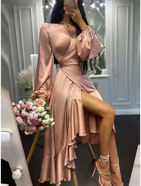 Luolandi A-Line Wedding Guest Dresses High Low Dress Party Wear Semi Formal Asymmetrical Long Sleeve V Neck Satin with Ruffles Pure Color Party Dress
