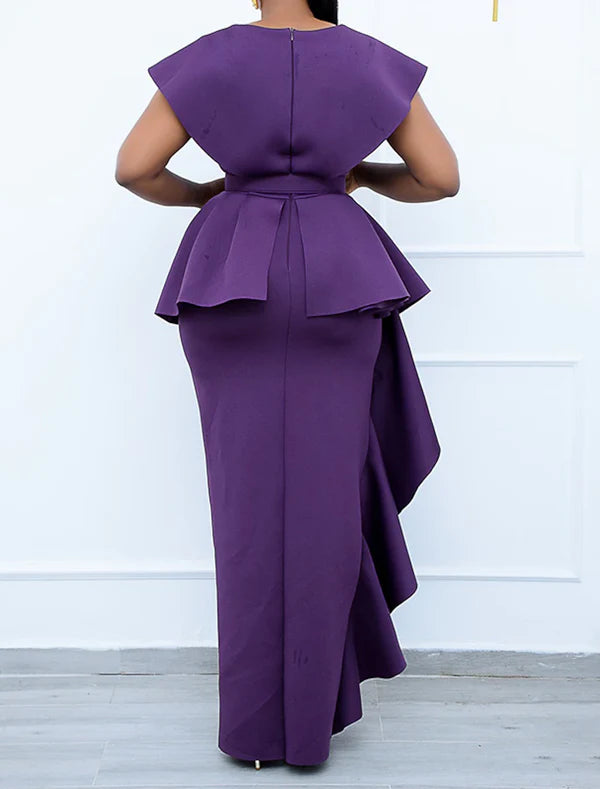 Luolandi Women's Plus Size Curve Party Dress Solid Color V Neck Short Sleeve Prom Dress Evening Dress