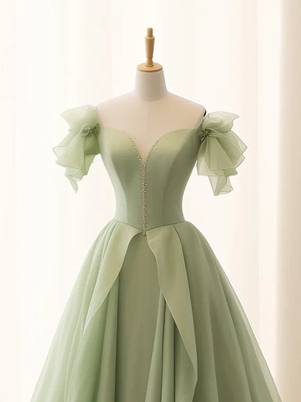 Luolandi A-Line Princess Green Tulle Long Prom Dress Quinceanera Dress Floor Length