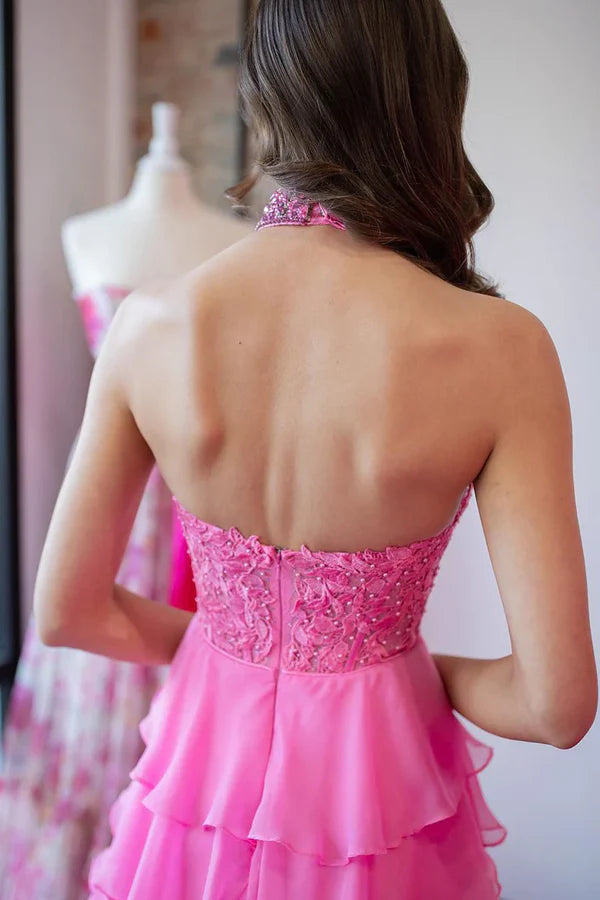 Luolandi Pink Halter Tiered Chiffon Long Prom Dresses with Appliques And Slit Floor Length