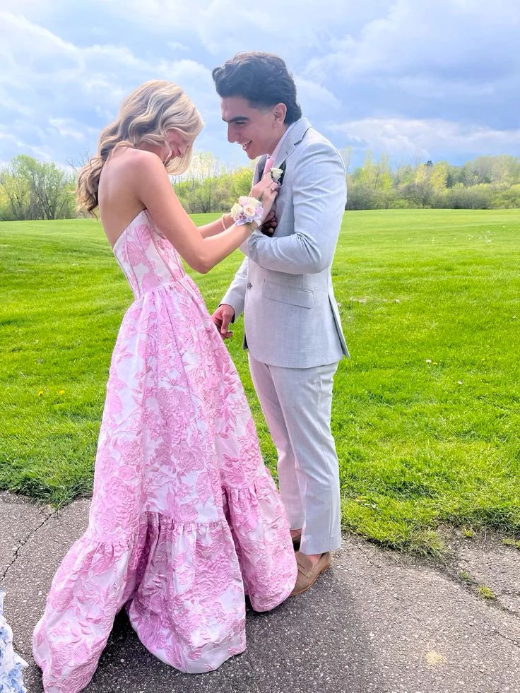 Luolandi Pink Sweatheart Floral A-Line Long Party Dress Birthday Dress Off Shoulder Prom Dress