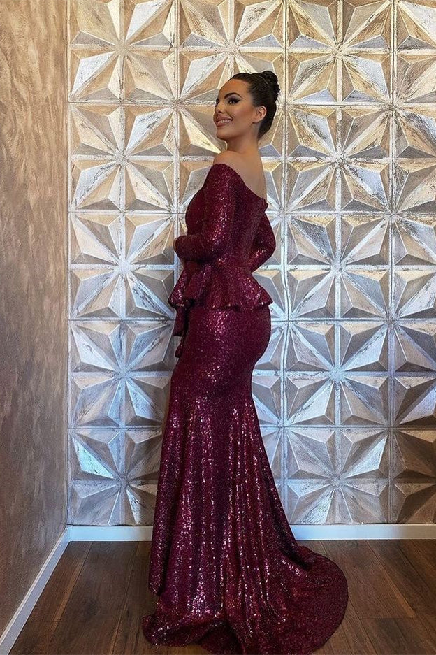 Luolandi Burgundy Long Sleeve Sequin Mermaid Evening Dress With Split Off Shoulder Sparkly Party Dress