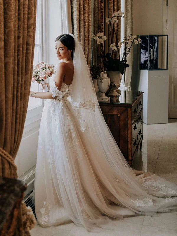 Luolandi Simple Sweetheart Neckline A-line Wedding Dresses With Appliques Off Shoulder Elegant