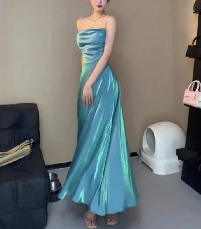 Luolandi Spaghetti Straps Blue Sheath Long Prom Dresses Charming Evening Party Dress