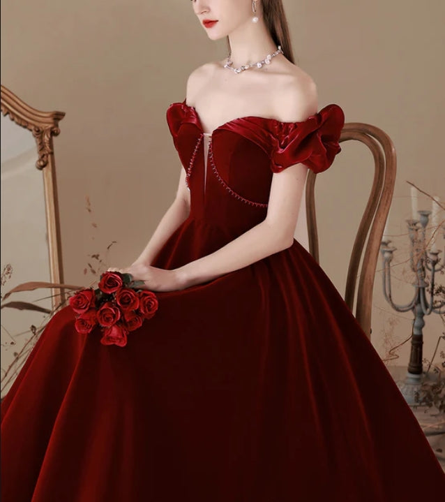 Luolandi Wine Red Velvet Beaded Off Shoulder Sweetheart Prom Dress Bridesmaid Dress Elegant Evening Dress