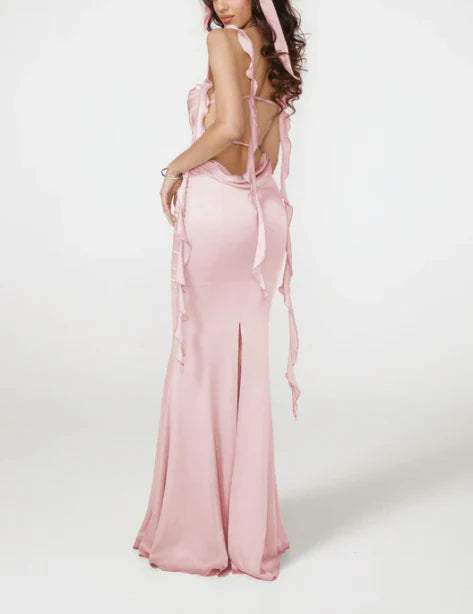 Luolandi Pink Straps Backless Mermaid Elegant Party Dress with Back Slit Evening Dress