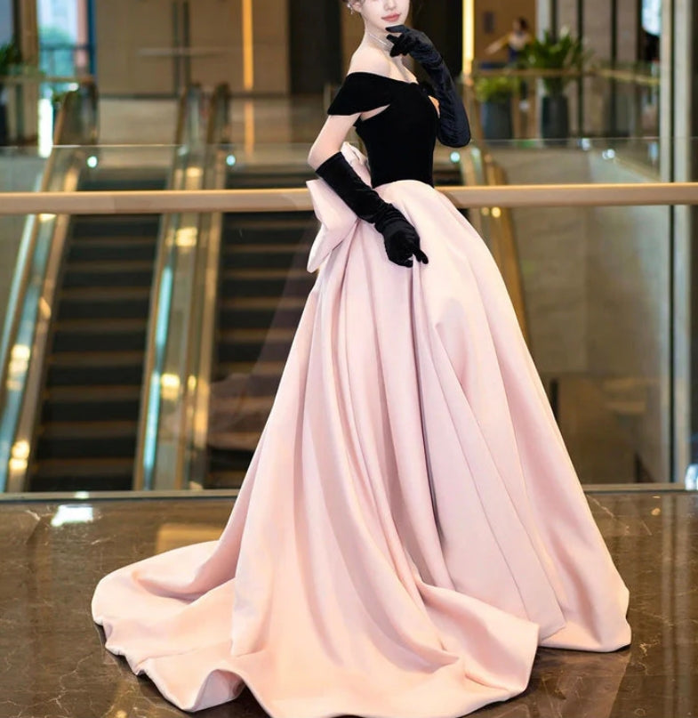 Luolandi Black Velvet and Pink Satin Long Prom Dress Beautiful A-Line Off the Shoulder Party Dress Without gloves