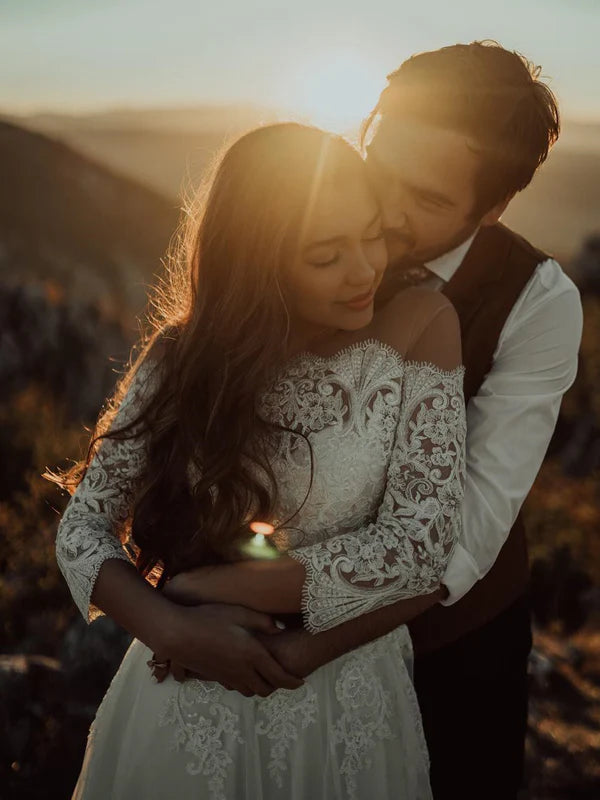 Luolandi Elegant Long Sleeves Lace Illusion Backless Wedding Dresses A-line Bridal Gowns Beautiful