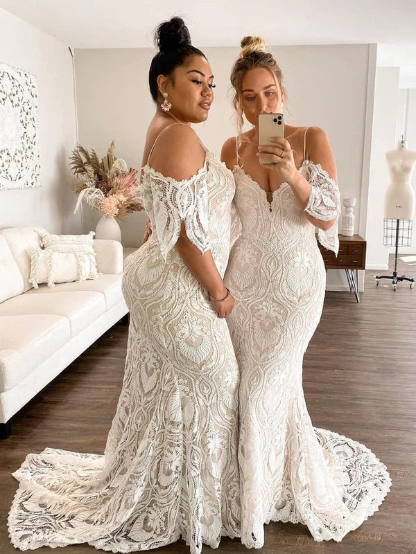 Luolandi Bohemia Lace Spaghetti Straps Chapel Train Mermaid Wedding Dress Sexy Elegant