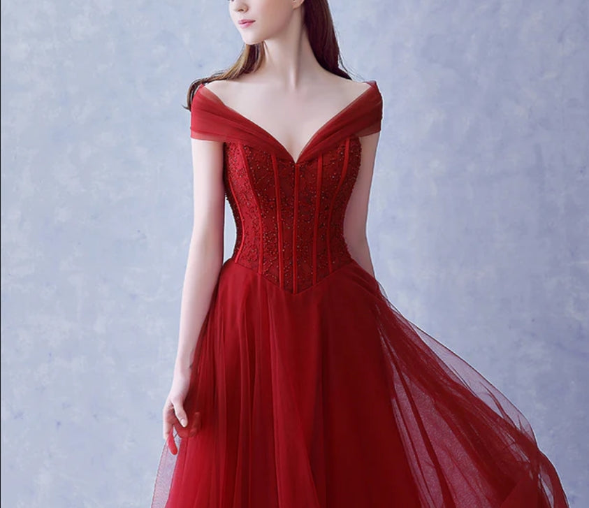 Luolandi A-line Wine Red Tulle Beaded Long Party Dresses Formal Dress Dark Red Beaded Party Dress Prom Dress