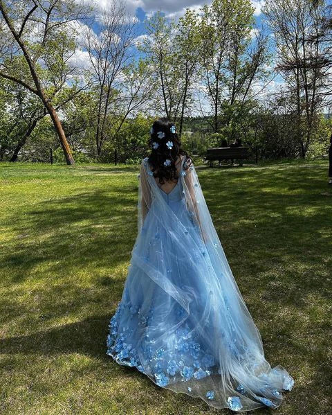 Luolandi Sparkly Tulle Blue V Neck Cheap Prom Dresses 3D Flowers with Cape Beautiful