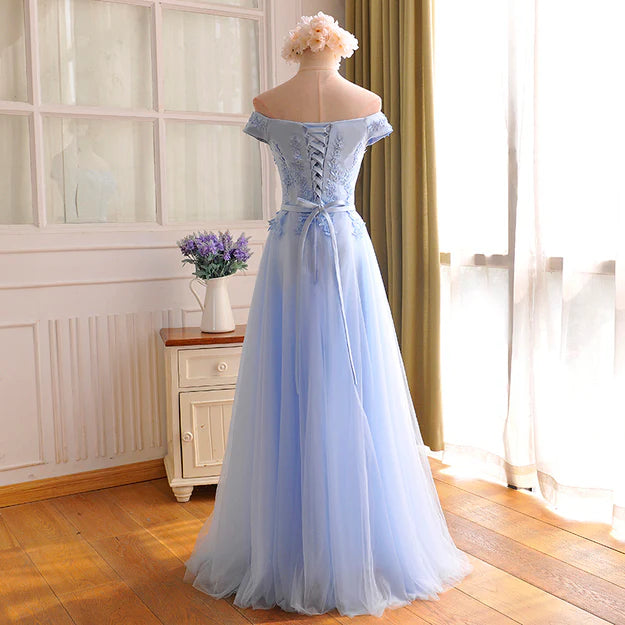 Luolandi Elegant Light Blue Lace Applique Long Party Dress Off Shoulder Bridesmaid Dress Prom Dress