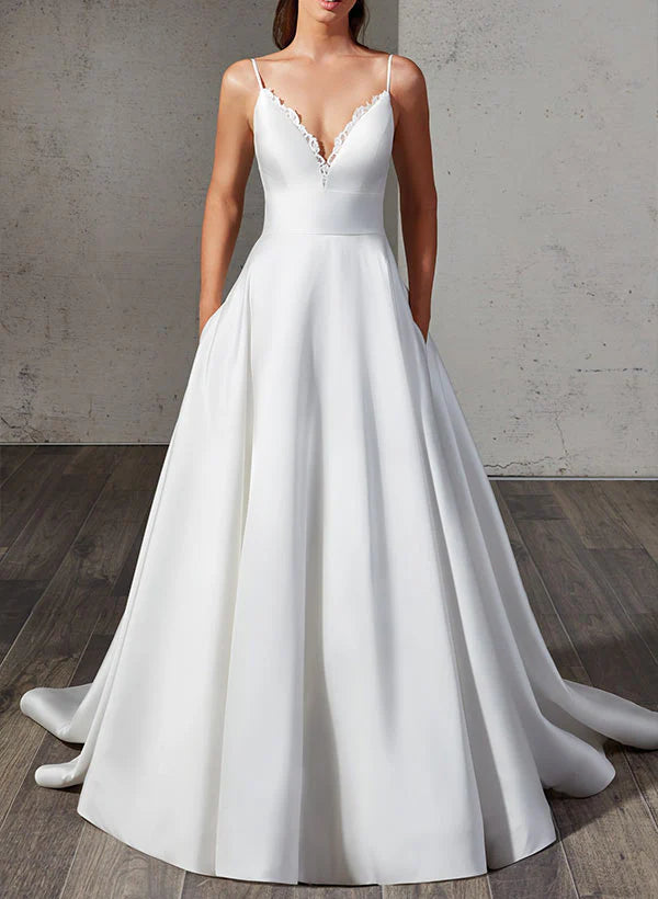 Luolandi Satin Wedding Dress With Lace A Line V-neck Sleeveless Floor Length With Pockets Simple