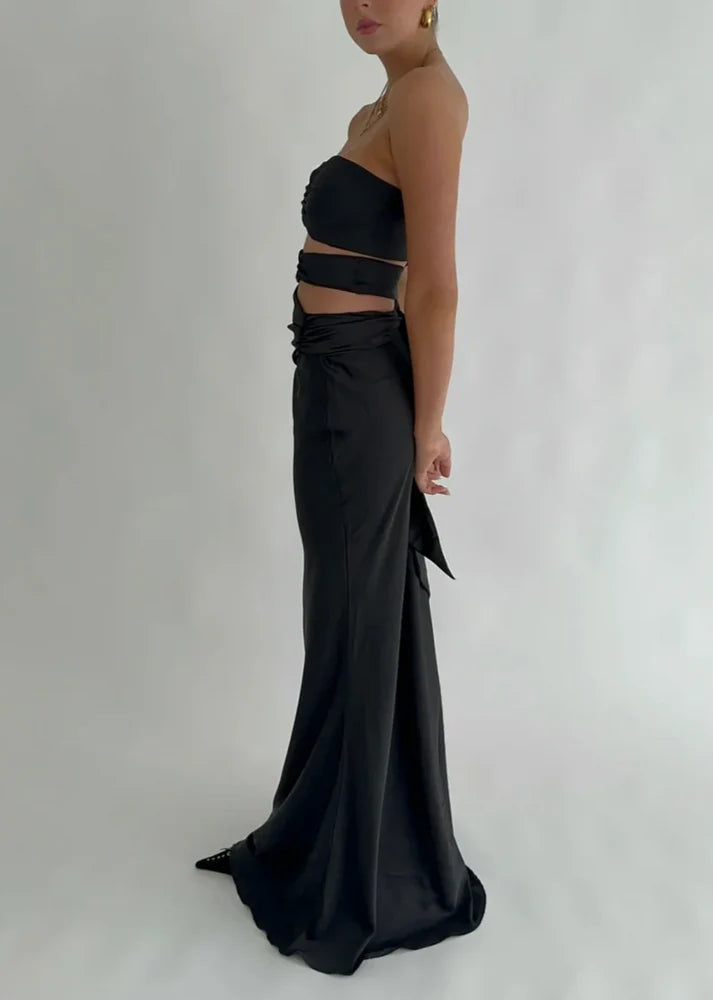 Luolandi Black Strapless Satin Classy Simple Long Party Dress Off Shoulder Evening Dress Formal Dress