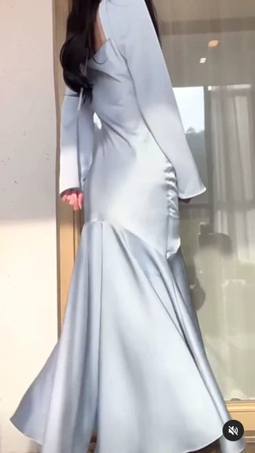 Luolandi Light Blue Long Sleeves Mermaid Satin Long Party Dress Evening Gown Formal Dress