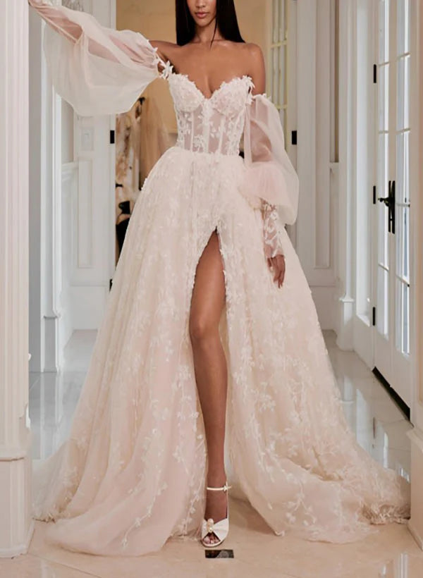 Luolandi Lace Wedding Dress With Detachable Sleeve A Line Off Shoulder Floor Length With Appliques And Slit