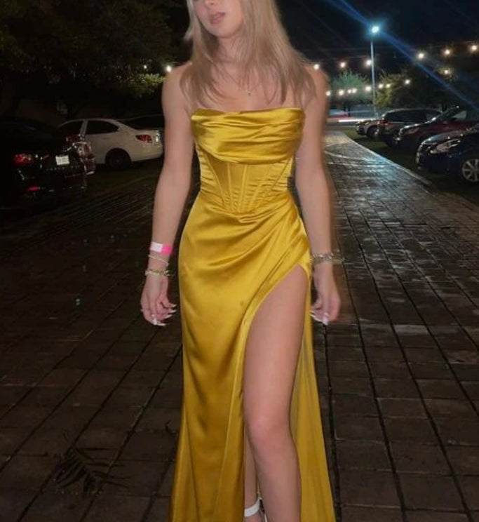 Luolandi Yellow Satin Long Prom Dress Evening Party Dress with Slit Simple wedding guest dress