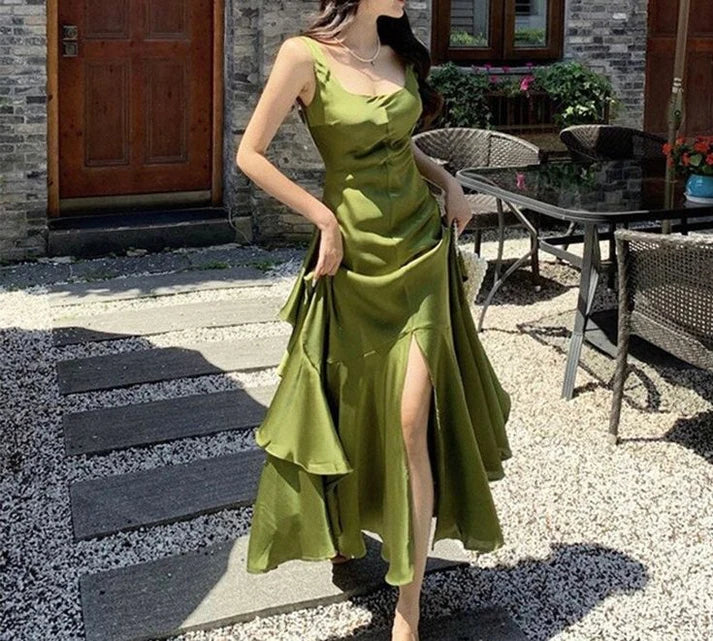 Luolandi Green Backless Ruffles A-Line Long Prom Dress Charming Party Dress Formal Dress
