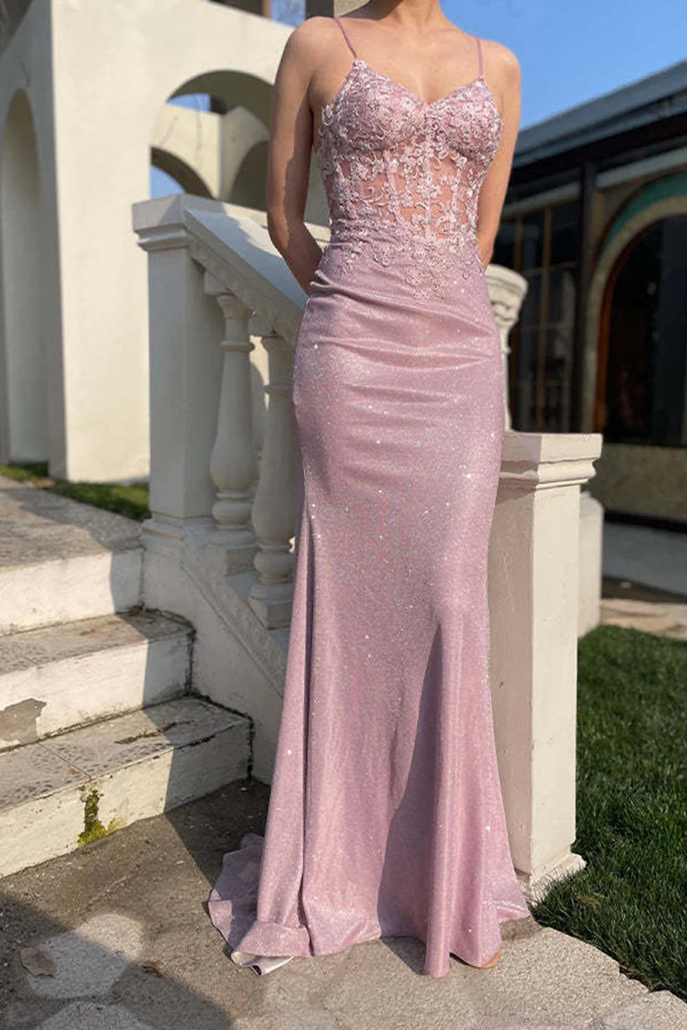 Luolandi Pink Mermaid Corset Lace Appliques Spaghetti Straps Long Prom Dress Elegant Evening Dress