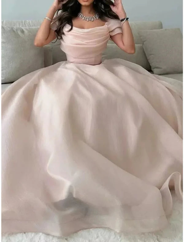 Luolandi A-Line Evening Gown Elegant Dress Formal Floor Length Short Sleeve Off Shoulder Tulle with Pleats Ruched Prom Dress