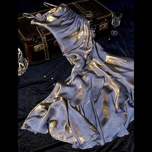 Luolandi Green Spaghetti Straps Ruffle Vintage Long Prom Dress Maxi Dress Charming Evening Party Dress