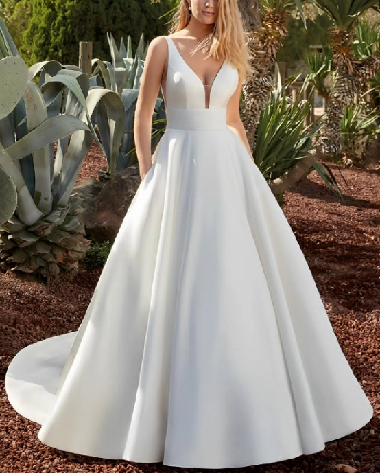 Luolandi V-Neck Satin Wedding Dresses With Open Back Floor Length Simple Sexy With Pockets