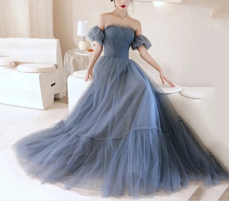 Luolandi Beautiful Blue Glitter Gown Dress Long Prom Long Dress Evening Gown Off Shoulder Elegant
