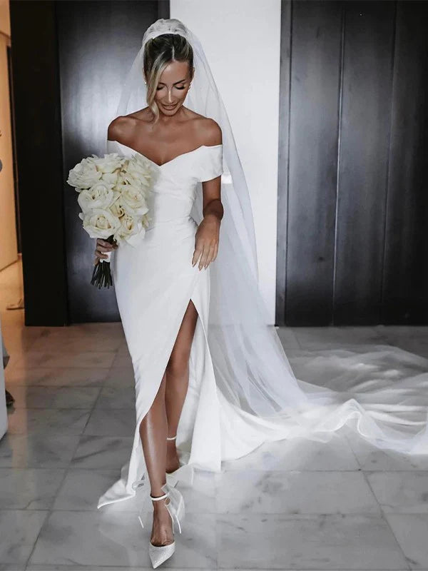 Luolandi Sheath/Column Crepe Ruched Off-the-Shoulder Sleeveless Chapel Train Wedding Dresses With Slit Without Wedding Veil