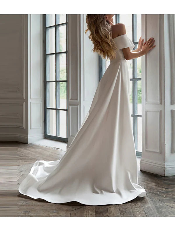 Luolandi Bridal Shower Simple Wedding Dresses Glitter & Sparkle Wedding Dresses Ball Gown Off Shoulder Sleeveless Tea Length Lace Bridal Gowns With Appliques