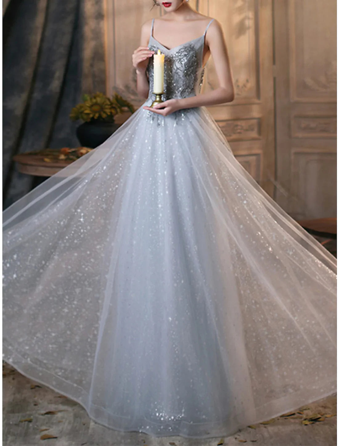 Luolandi A-Line Sparkle Elegant Prom Formal Evening Dress V Neck Sleeveless Floor Length Tulle with Pleats Beading Beautiful