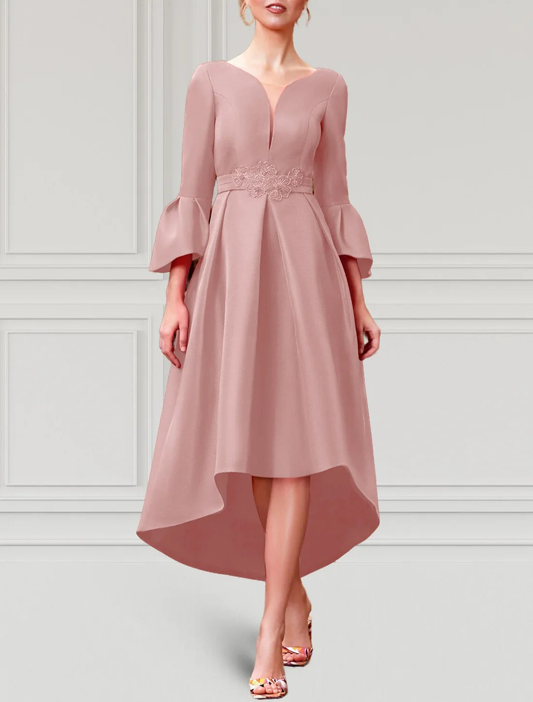 Luolandi A-Line Cocktail Dresses Elegant Dress Formal Wedding Guest Asymmetrical 3/4 Length Sleeve V Neck Satin with Pleats Evening Dress