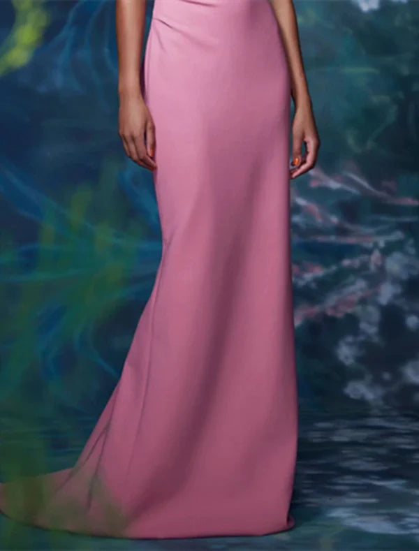 Luolandi Mermaid / Trumpet Evening Gown Floral Dress Formal Wedding Guest Sweep / Brush Train Short Sleeve Off Shoulder Satin Backless with Ruched