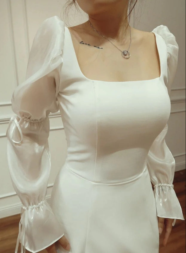 Luolandi Square Neck Long Sleeves Mermaid Long Prom Dress Light Wedding Dress Elegant