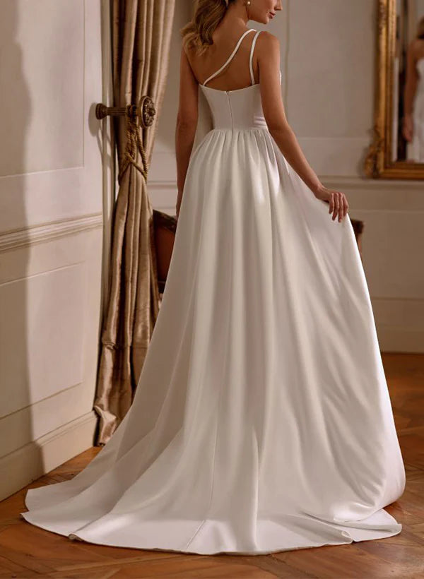 Luolandi One-Shoulder Sheath/Column Wedding Dresses With Train And Split Front Elegant
