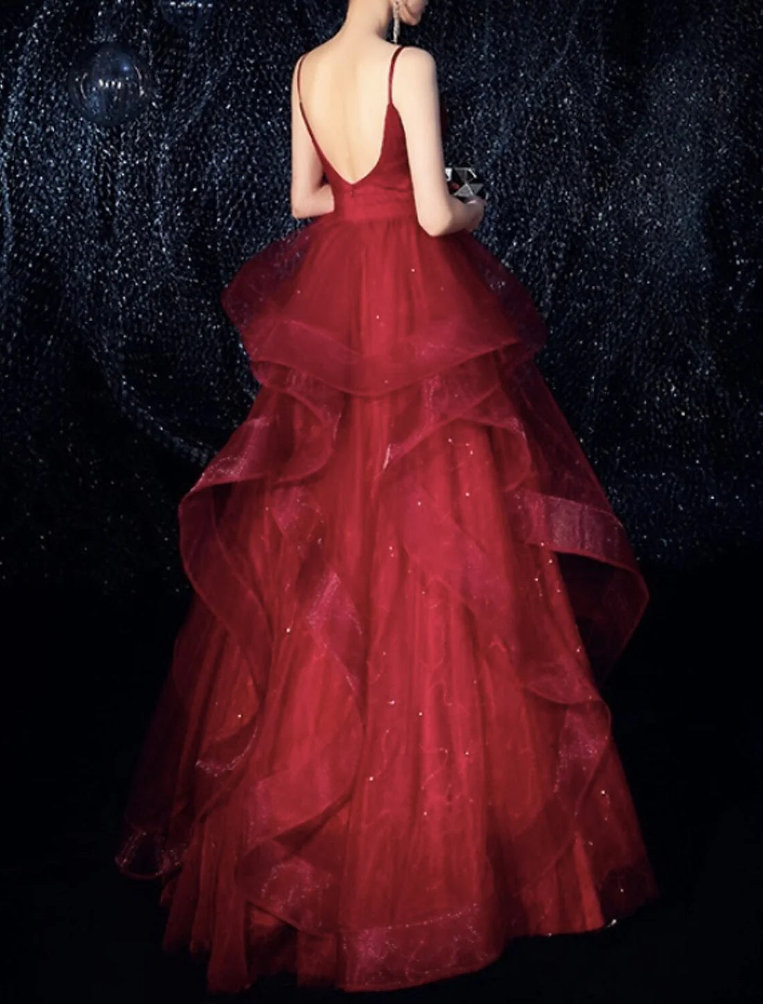 Luolandi A-Line Sparkle Elegant Sparkle & Shine Engagement Formal Evening Dress Spaghetti Strap Sleeveless Floor Length Tulle with Tier Prom Dress